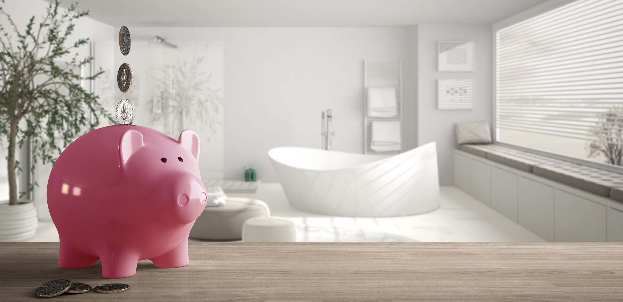 Wooden table top or shelf with white piggy bank with coins, mode