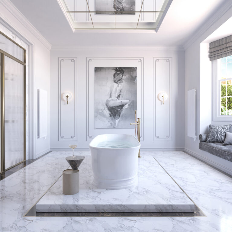 Luxurious bathroom featuring a raised bathtub on a platform, surrounded by White Calacatta Marble slabs on the walls and floor, with a recessed ceiling and ceiling mirror for an airy feel.