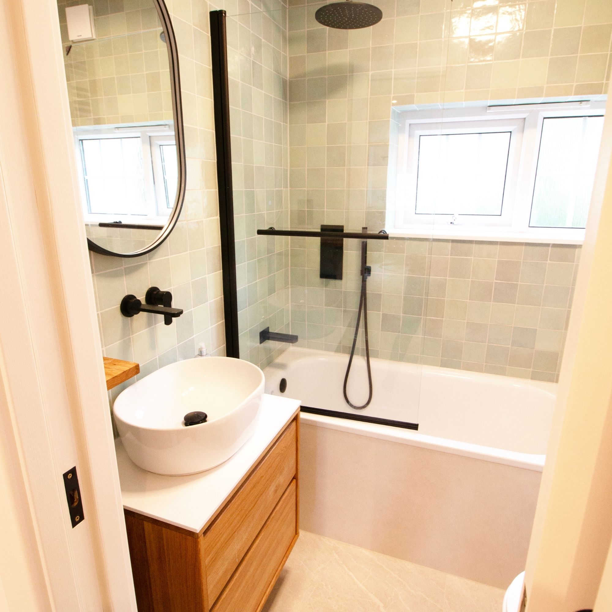 Green Bathroom Design, Zellige Bathroom Design, Bathroom Design London, Wooden Vanity
